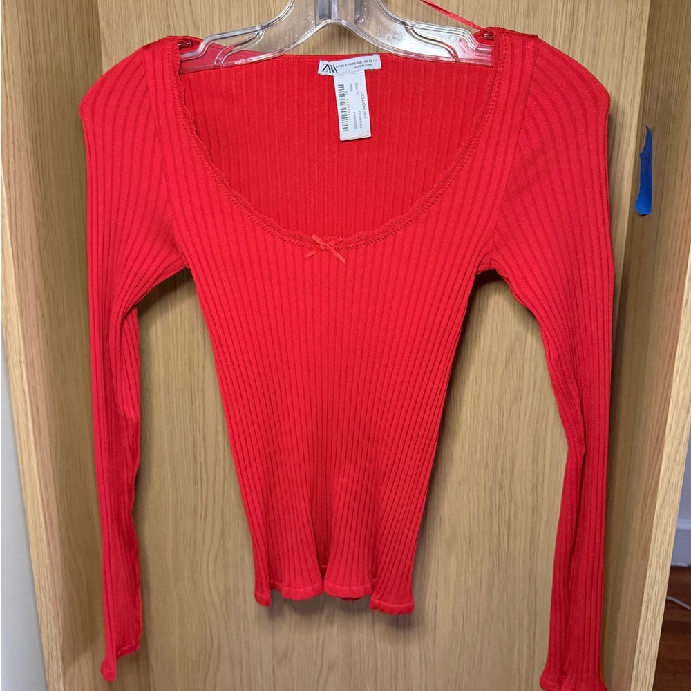 Zara Red Ribbed Top Long sleeve New